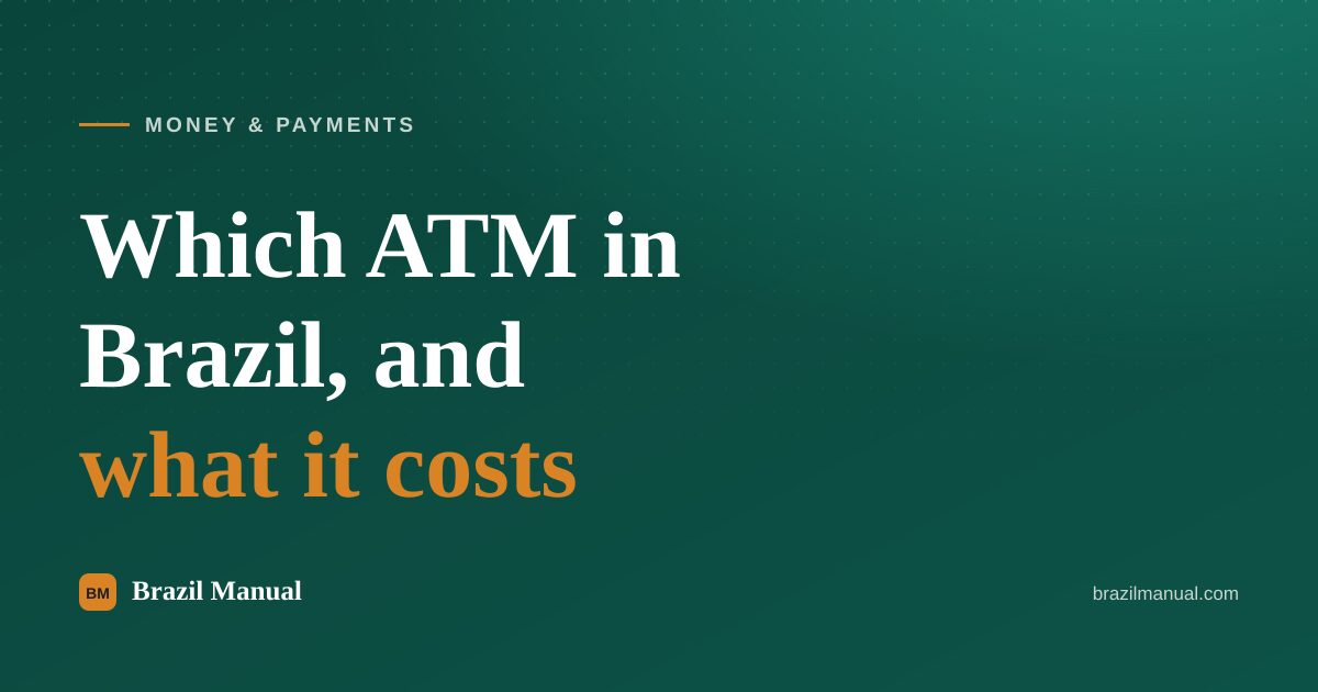 Cover card reading "Which ATM in Brazil, and what it costs" over the site green background