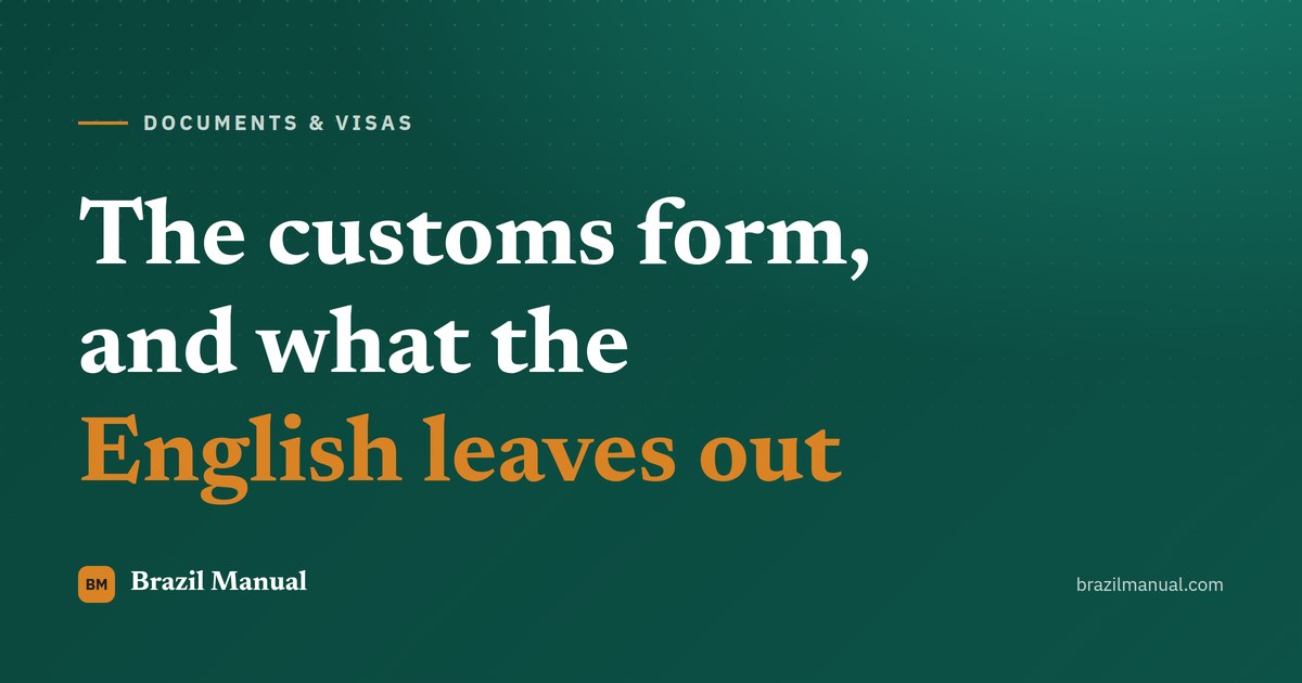 Cover card reading "The customs form, and what the English leaves out" over the site green background