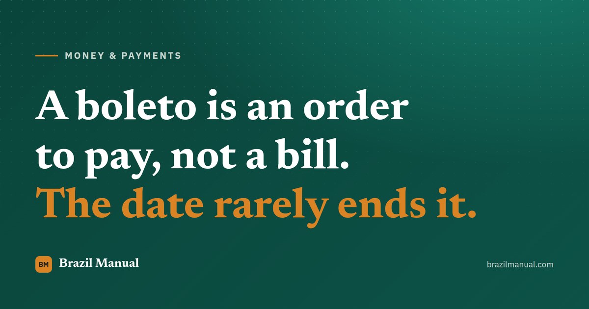Typographic cover on the site green, amber rule, kicker MONEY & PAYMENTS, reading "A boleto is an order to pay, not a bill. The date rarely ends it."
