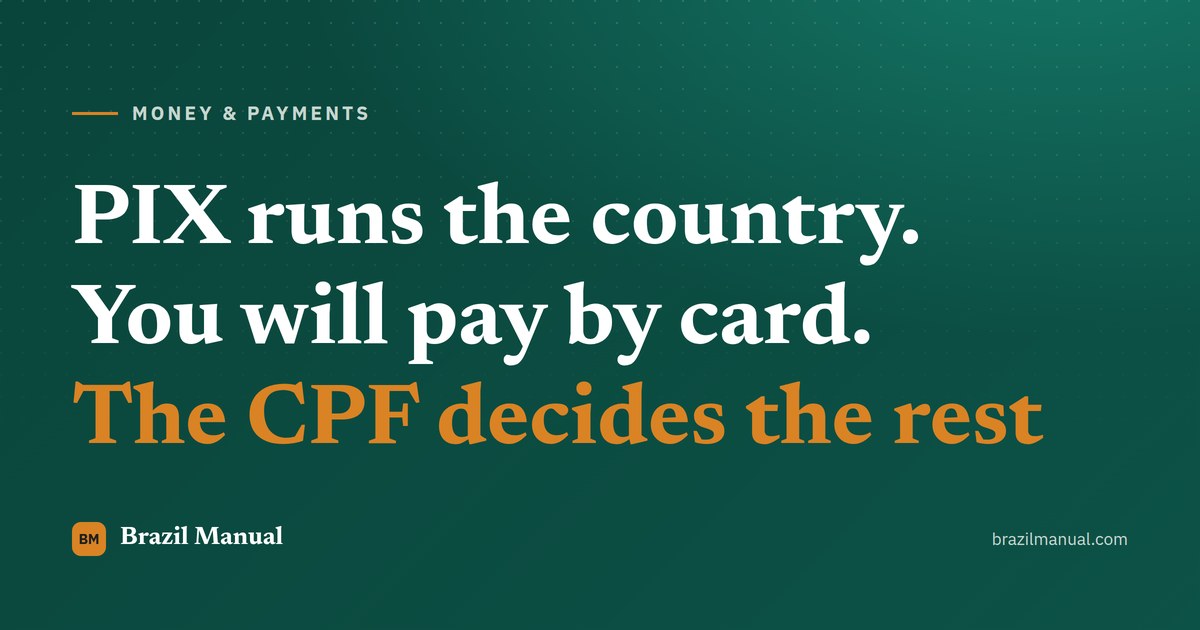 Typographic cover on the site green, amber rule, kicker MONEY & PAYMENTS, reading "PIX runs the country. You will pay by card. The CPF decides the rest"
