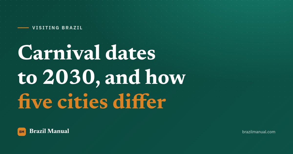 Cover card reading "Carnival dates to 2030, and how five cities differ" over the site green background