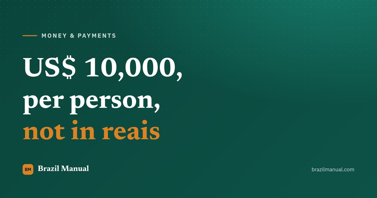 Cover card reading "US$ 10,000, per person, not in reais" over the site green background