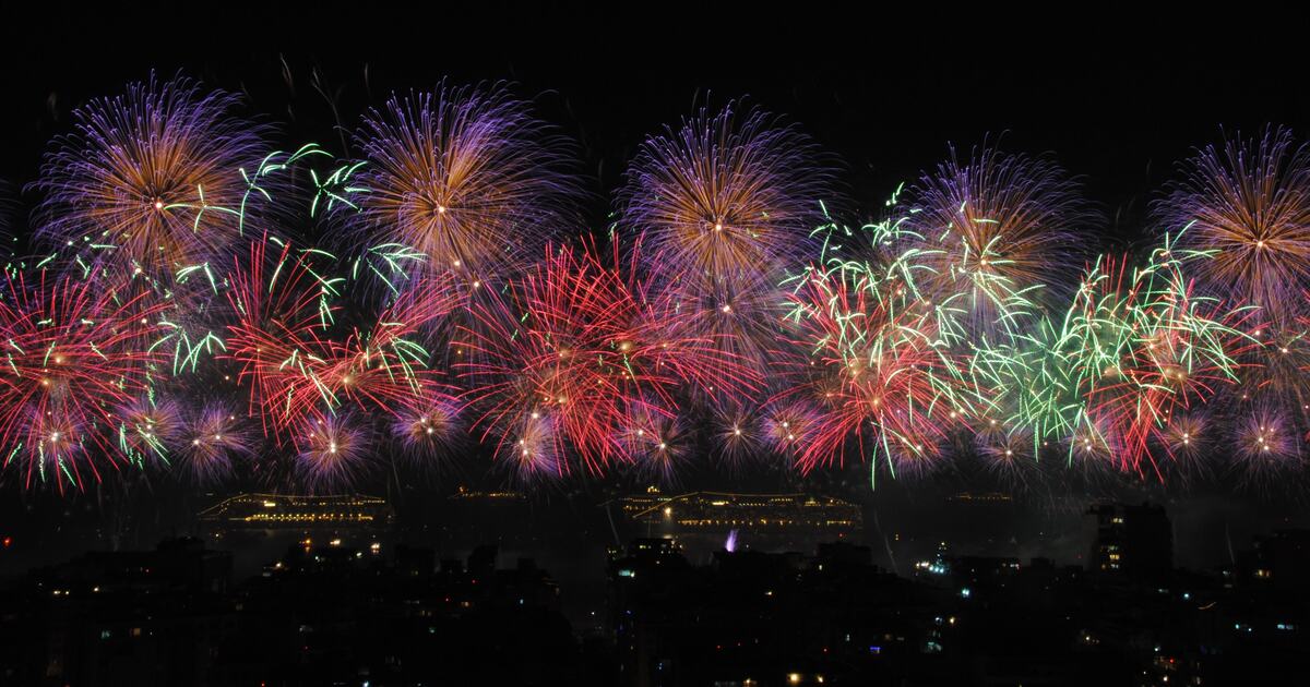 Purple, gold, red and green fireworks over lit ships and a dark city skyline during Rio's New Year's Eve show at Copacabana, in a photo from the start of 2013