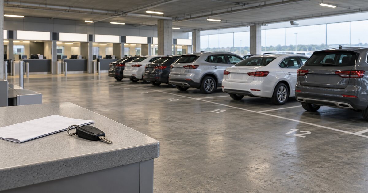 A rental pickup area seen from the counter, car keys and a folded contract in the foreground and rows of parked cars beyond