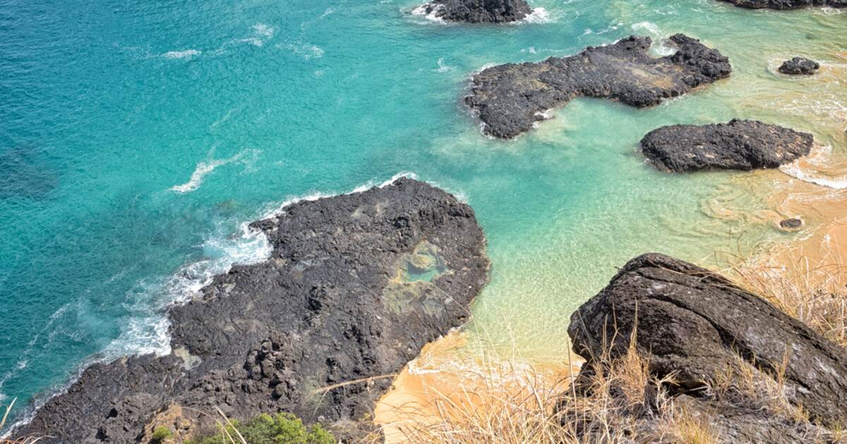 Black volcanic rock shelves and shallow turquoise water on the coast of the Fernando de Noronha archipelago
