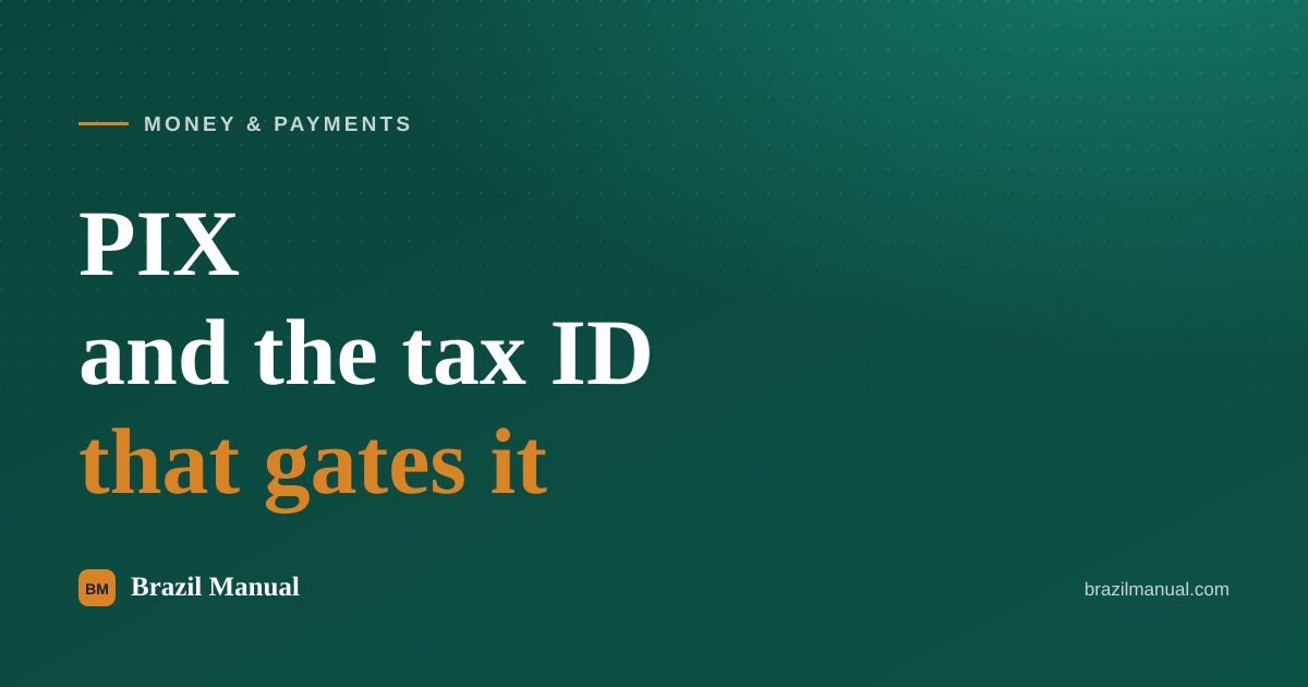Cover card reading "PIX and the tax ID that gates it" over the site green background