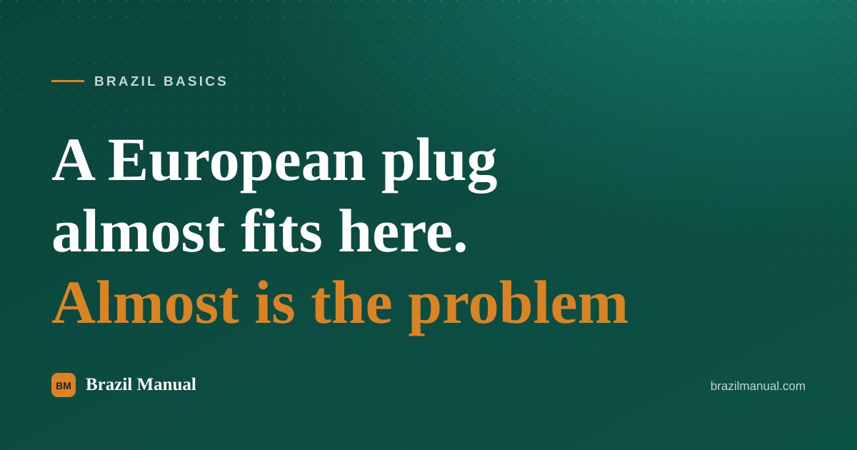 Cover card reading "A European plug almost fits here. Almost is the problem" over the site green background