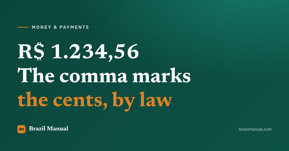 Cover card reading "R$ 1.234,56. The comma marks the cents, by law" over the site green background