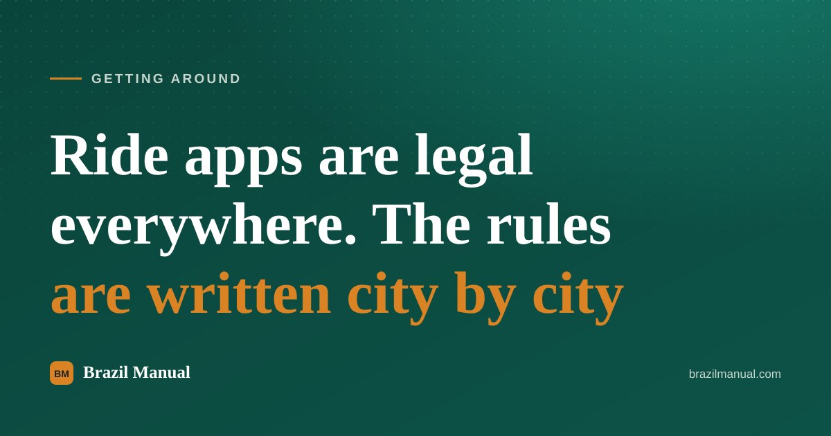 Cover card reading "Ride apps in Brazil: each city writes the rules, or repeals them" over the site green background