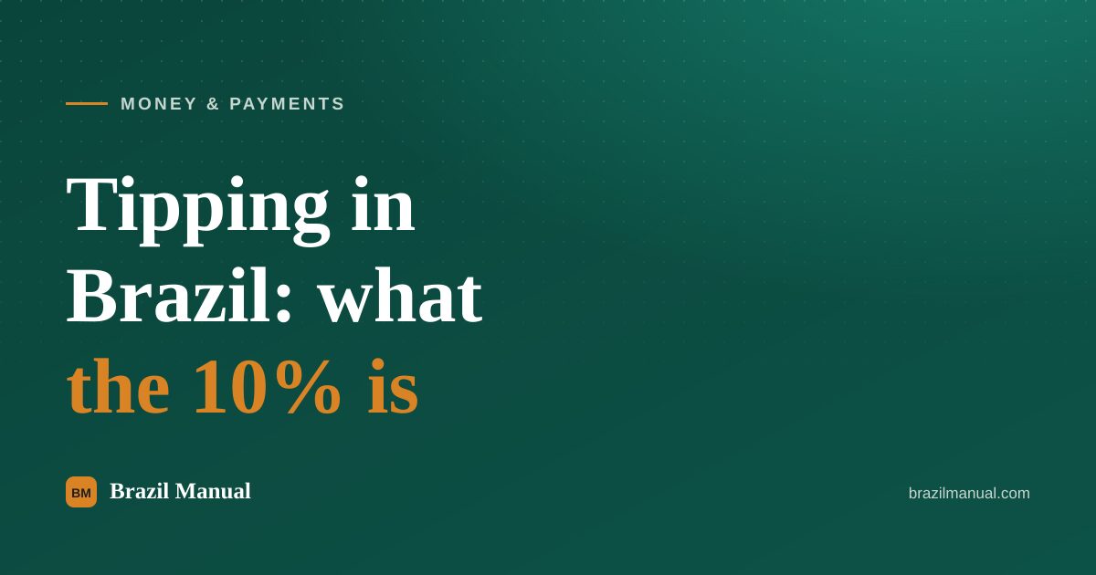 Cover card reading "Tipping in Brazil: what the 10% is" over the site green background