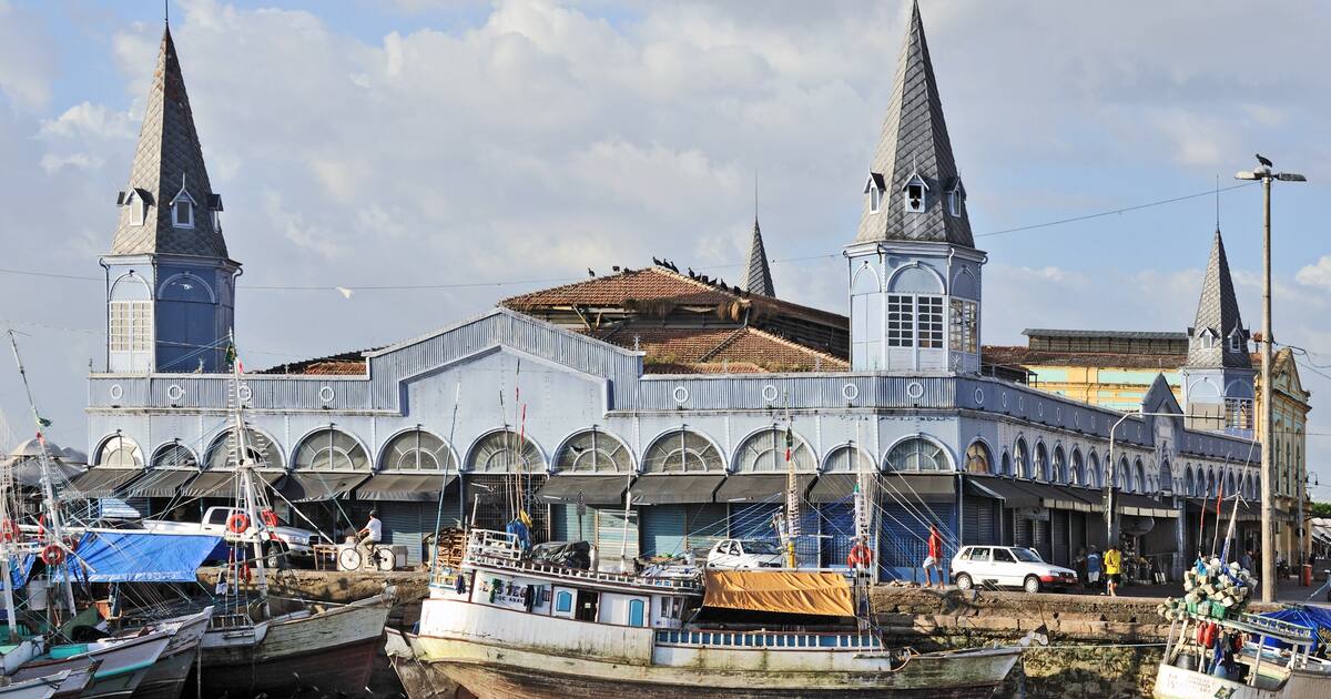 The iron market hall of Ver-o-Peso in Belem seen from a hillside, fishing boats beached along the quay at low tide