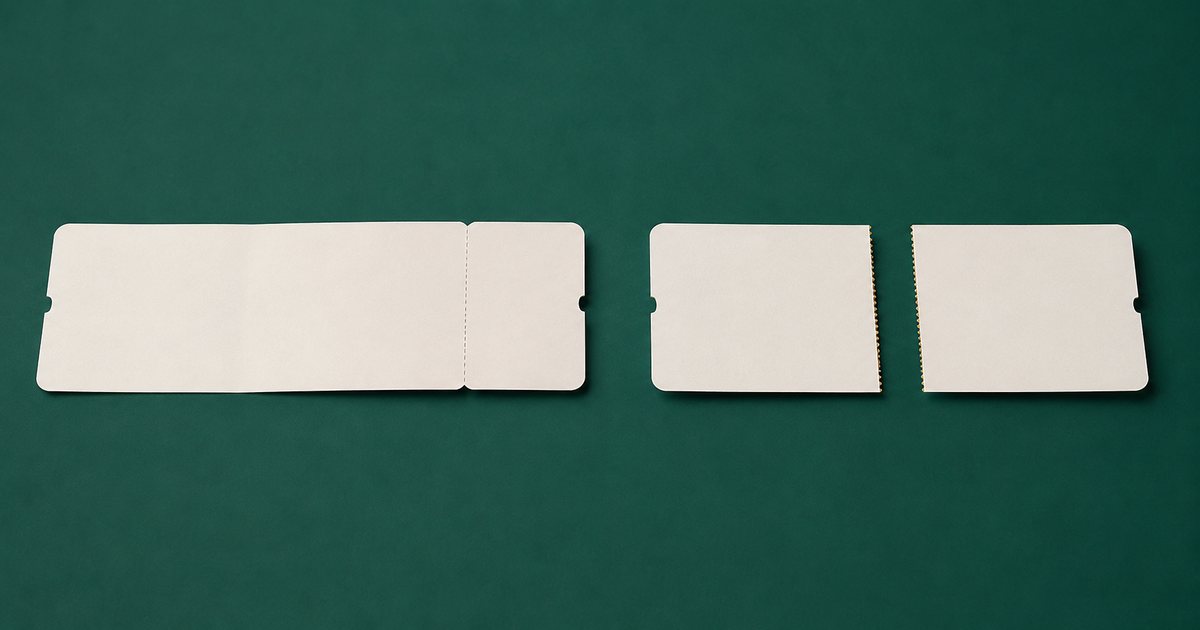 One long unbroken boarding pass beside two separate shorter ones with a gap between them
